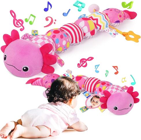 Baby Toys for 0-6 6-12 Months, Plush Axolotl Toy with Crinkle and Rattles for Infant Newborn, Sensory Music Animal Stuffed Toy for 0 1 2 3 4 5 6+ Month, Tummy Time Toys Gifts for 0-3-6-12 Months,Pink in Kuwait