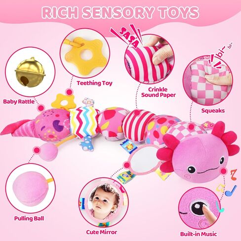 Baby Toys for 0-6 6-12 Months, Plush Axolotl Toy with Crinkle and Rattles for Infant Newborn, Sensory Music Animal Stuffed Toy for 0 1 2 3 4 5 6+ Month, Tummy Time Toys Gifts for 0-3-6-12 Months,Pink in Kuwait