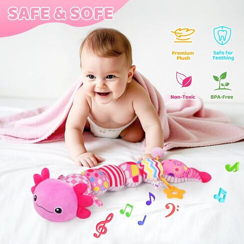 Baby Toys for 0-6 6-12 Months, Plush Axolotl Toy with Crinkle and Rattles for Infant Newborn, Sensory Music Animal Stuffed Toy for 0 1 2 3 4 5 6+ Month, Tummy Time Toys Gifts for 0-3-6-12 Months,Pink in Kuwait