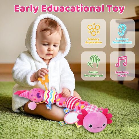 Baby Toys for 0-6 6-12 Months, Plush Axolotl Toy with Crinkle and Rattles for Infant Newborn, Sensory Music Animal Stuffed Toy for 0 1 2 3 4 5 6+ Month, Tummy Time Toys Gifts for 0-3-6-12 Months,Pink in Kuwait
