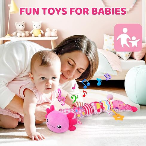 Baby Toys for 0-6 6-12 Months, Plush Axolotl Toy with Crinkle and Rattles for Infant Newborn, Sensory Music Animal Stuffed Toy for 0 1 2 3 4 5 6+ Month, Tummy Time Toys Gifts for 0-3-6-12 Months,Pink in Kuwait