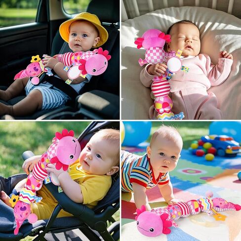 Baby Toys for 0-6 6-12 Months, Plush Axolotl Toy with Crinkle and Rattles for Infant Newborn, Sensory Music Animal Stuffed Toy for 0 1 2 3 4 5 6+ Month, Tummy Time Toys Gifts for 0-3-6-12 Months,Pink in Kuwait
