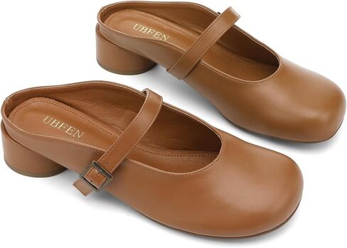 UBFEN Womens Mary Jane Mules Slip On Dressy Slides Chunky Low Heel Comfortable Round Toe Shoes in Saudi Arabia