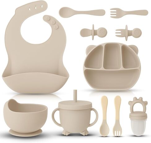 12 Piece BPA-Free Silicone Baby Feeding Set,Non-Slip Suction Plates,Soft Baby Bowls, Wooden Utensils & More ，Make Feeding Time Safe,Dishwasher Safe – Ideal for 6+ Months in Saudi Arabia