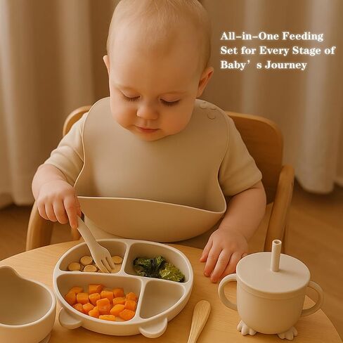 12 Piece BPA-Free Silicone Baby Feeding Set,Non-Slip Suction Plates,Soft Baby Bowls, Wooden Utensils & More ，Make Feeding Time Safe,Dishwasher Safe – Ideal for 6+ Months in Saudi Arabia