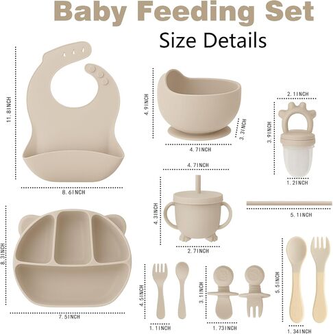 12 Piece BPA-Free Silicone Baby Feeding Set,Non-Slip Suction Plates,Soft Baby Bowls, Wooden Utensils & More ，Make Feeding Time Safe,Dishwasher Safe – Ideal for 6+ Months in Saudi Arabia