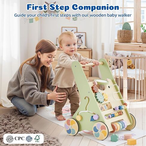 طفل دفع المشي للطفل الرضيع من 6 إلى 12 شهرًا ، لعبة Wooden Baby Walker Push ، وتعلم المشي ، ومشاة الأطفال للفتيات ، ومونتيسوري ووكر مع عجلات in Kuwait