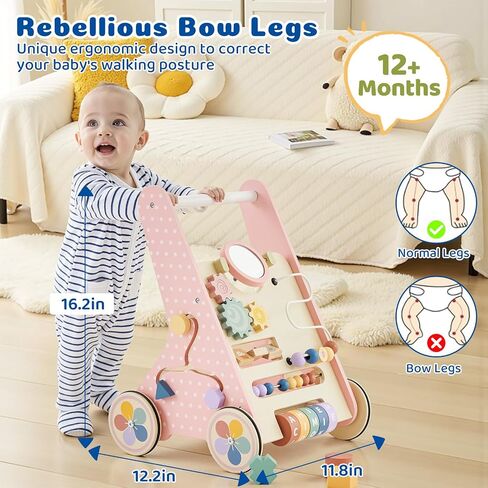 طفل دفع المشي للطفل الرضيع من 6 إلى 12 شهرًا ، لعبة Wooden Baby Walker Push ، وتعلم المشي ، ومشاة الأطفال للفتيات ، ومونتيسوري ووكر مع عجلات in Kuwait
