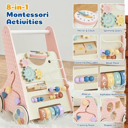 طفل دفع المشي للطفل الرضيع من 6 إلى 12 شهرًا ، لعبة Wooden Baby Walker Push ، وتعلم المشي ، ومشاة الأطفال للفتيات ، ومونتيسوري ووكر مع عجلات in Kuwait