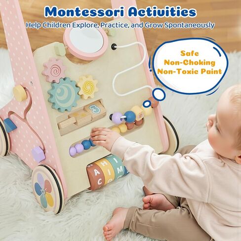 طفل دفع المشي للطفل الرضيع من 6 إلى 12 شهرًا ، لعبة Wooden Baby Walker Push ، وتعلم المشي ، ومشاة الأطفال للفتيات ، ومونتيسوري ووكر مع عجلات in Kuwait