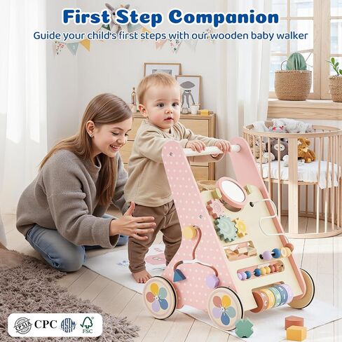 طفل دفع المشي للطفل الرضيع من 6 إلى 12 شهرًا ، لعبة Wooden Baby Walker Push ، وتعلم المشي ، ومشاة الأطفال للفتيات ، ومونتيسوري ووكر مع عجلات in Kuwait