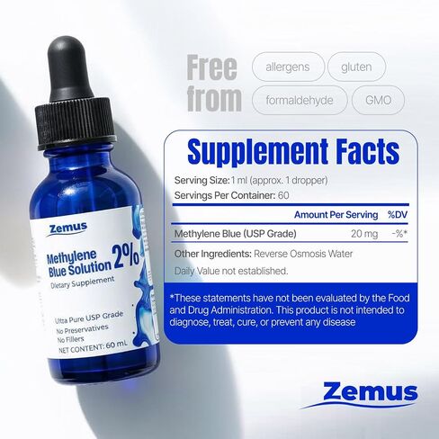 Methylene Blue 2% – 60 ML (2.03 fl oz) - 60 Day Supply - Nootropic Supplement – Ultra Pure USP Grade, – Made in USA, No Preservatives, Non-Therapeutic, Lab-Tested in Saudi Arabia