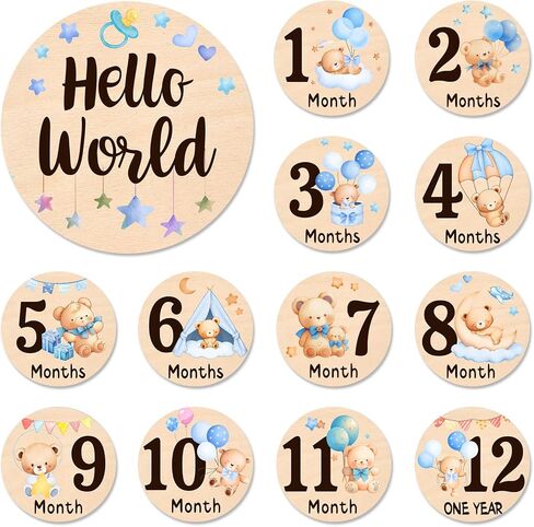 Baby Monthly Milestone Cards-13 علامات مرتبة خشبية على الوجهين على الوجهين مع تصميمات الدب والنجوم ، وبطاقات إعلان الولادة الصغيرة الدببة لدعائم الصور (0-12 شهرًا) ، وتوقيع الطفل الجديد دش الطفل in Kuwait