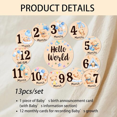 Baby Monthly Milestone Cards-13 علامات مرتبة خشبية على الوجهين على الوجهين مع تصميمات الدب والنجوم ، وبطاقات إعلان الولادة الصغيرة الدببة لدعائم الصور (0-12 شهرًا) ، وتوقيع الطفل الجديد دش الطفل in Kuwait