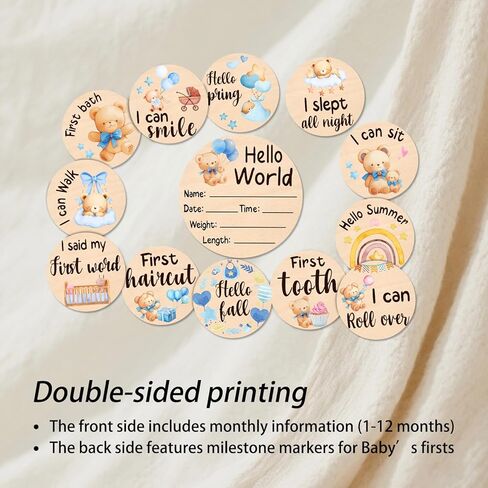 Baby Monthly Milestone Cards-13 علامات مرتبة خشبية على الوجهين على الوجهين مع تصميمات الدب والنجوم ، وبطاقات إعلان الولادة الصغيرة الدببة لدعائم الصور (0-12 شهرًا) ، وتوقيع الطفل الجديد دش الطفل in Kuwait