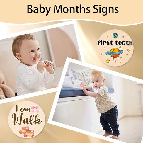 Baby Monthly Milestone Cards-13 علامات مرتبة خشبية على الوجهين على الوجهين مع تصميمات الدب والنجوم ، وبطاقات إعلان الولادة الصغيرة الدببة لدعائم الصور (0-12 شهرًا) ، وتوقيع الطفل الجديد دش الطفل in Kuwait