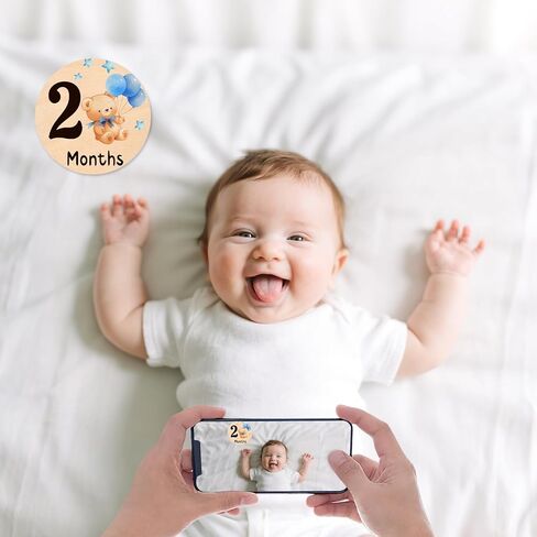 Baby Monthly Milestone Cards-13 علامات مرتبة خشبية على الوجهين على الوجهين مع تصميمات الدب والنجوم ، وبطاقات إعلان الولادة الصغيرة الدببة لدعائم الصور (0-12 شهرًا) ، وتوقيع الطفل الجديد دش الطفل in Kuwait