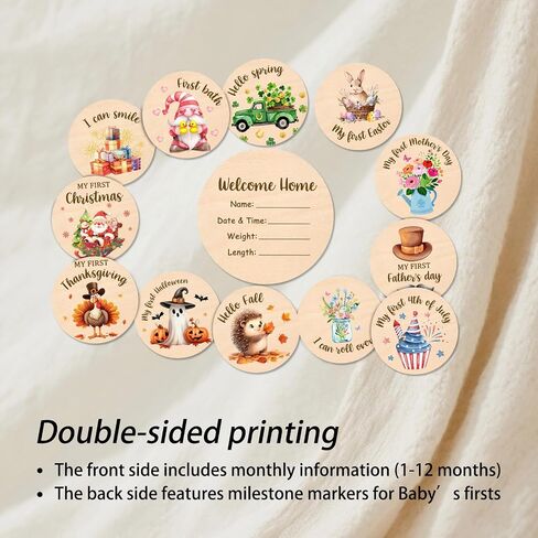 Baby Monthly Milestone Cards Sign - Double Sided Wooden Milestone Cards with Rainbow Design, Wooden Circles Discs for Photo Props Birth Announcement Board, Baby Shower/Gift Newborn Sign Set(13pcs) in Saudi Arabia