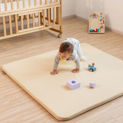Vegan Leather Baby Play Mat for Floor, 50x50 Thick Foam Soft Padded Playpen Mat with Wipe-Clean and Waterproof Removable Cover for Babies and Toddlers Infants (Beige) in Kuwait