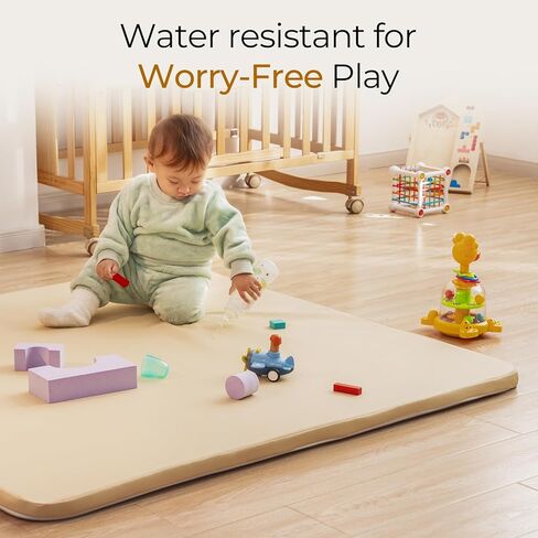 Vegan Leather Baby Play Mat for Floor, 50x50 Thick Foam Soft Padded Playpen Mat with Wipe-Clean and Waterproof Removable Cover for Babies and Toddlers Infants (Beige) in Kuwait