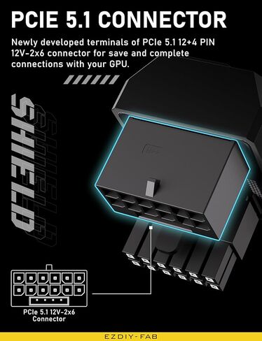 EZDIY-FAB PCIe 5.1 Adapter - 600W 12+4pin, 16pin 12VHPWR GPU Power Connector, 12V-2x6 GPU Adapter,180 Degree Right Angle - Compatible with RTX 3090Ti, 4070Ti, 4080, 4090 GPU - RVS Type, Black, 1 Pack in Kuwait