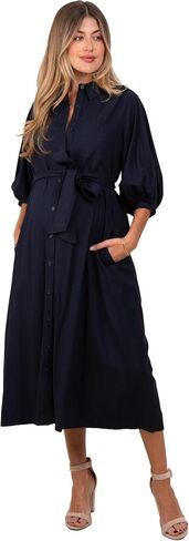 PinkBlush Navy 3/4 Bubble Sleeve Maternity Midi Shirt Dress in Saudi Arabia