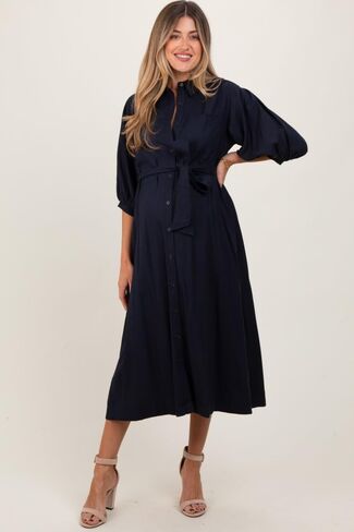 PinkBlush Navy 3/4 Bubble Sleeve Maternity Midi Shirt Dress in Saudi Arabia