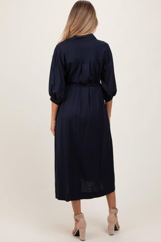 PinkBlush Navy 3/4 Bubble Sleeve Maternity Midi Shirt Dress in Saudi Arabia