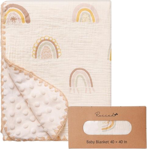 Baby Blanket with Dotted Double Layers Muslin Soft Swaddle Blanket Cotton Neutral Receiving Blankets for Toddler Baby Quilt Throw Blanket Bed Throw Blanket for Newborn Unisex 40x40 Inch-Rainbow in Kuwait
