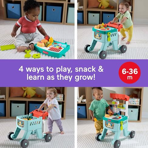 Fisher-Price Baby Push Toy 4-in-1 Cart Cart Carty Activity Walker ، 14 قطعة للتظاهر باللعب الرضع الذين تتراوح أعمارهم بين 6 أشهر ، نسخة متعددة اللغة in Kuwait