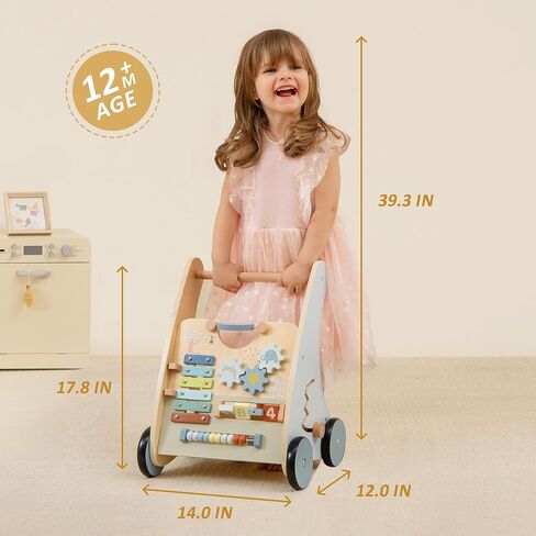 Pink Wooden Push Pull Sent to Stand Walker - مركز نشاط التعلم القابل للتعديل - تعلم الطفل المشي - هدية تعليمية لطفلة أو فتاة in Kuwait