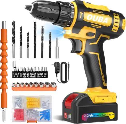 مجموعة الحفر اللاسلكية OUBA ، 12.8V LITHIUM LON POWER DRILLALL مع البطارية والشاحن ، وسرعان متغيران ، 3/8 "تشاك بدون مفتاح ، 25+3 إعداد عزم الدوران ، LED مدمج ، تدريبات كهربائية للمنزل (أصفر) in Kuwait