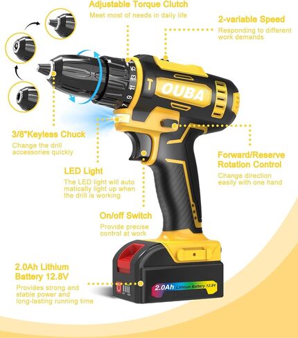 مجموعة الحفر اللاسلكية OUBA ، 12.8V LITHIUM LON POWER DRILLALL مع البطارية والشاحن ، وسرعان متغيران ، 3/8 "تشاك بدون مفتاح ، 25+3 إعداد عزم الدوران ، LED مدمج ، تدريبات كهربائية للمنزل (أصفر) in Kuwait