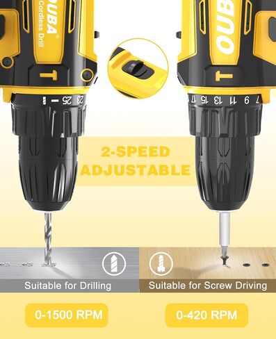 مجموعة الحفر اللاسلكية OUBA ، 12.8V LITHIUM LON POWER DRILLALL مع البطارية والشاحن ، وسرعان متغيران ، 3/8 "تشاك بدون مفتاح ، 25+3 إعداد عزم الدوران ، LED مدمج ، تدريبات كهربائية للمنزل (أصفر) in Kuwait