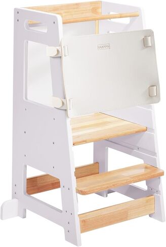 HARPPA Toddler Stools Helper with Adjustable Height and Anti-Slip Protection, Kids Standing Tower with Safety Rail, Kids Step Stool with Learning Chalkboard, Natural, White in Kuwait