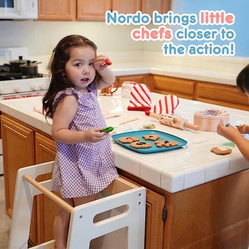 HARPPA Toddler Stools Helper with Adjustable Height and Anti-Slip Protection, Kids Standing Tower with Safety Rail, Kids Step Stool with Learning Chalkboard, Natural, White in Kuwait