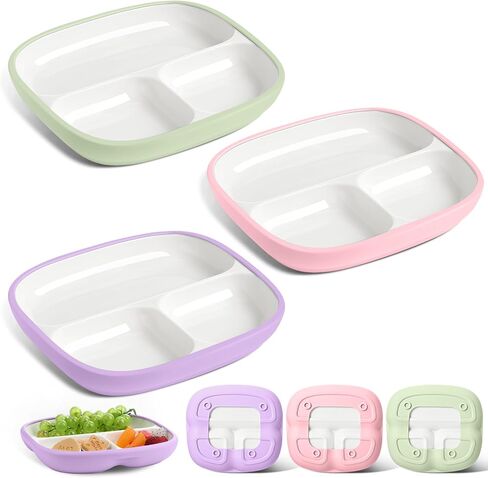 Domensi 3 Sets Kids Porcelain Plates with Silicone Sleeves Toddler Divided Porcelain Plate Baby Ceramic Dishes Snack Container for Kid Toddler Baby Feeding Microwave Dishwasher Safe(Classic Color) in Saudi Arabia