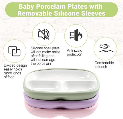 Domensi 3 Sets Kids Porcelain Plates with Silicone Sleeves Toddler Divided Porcelain Plate Baby Ceramic Dishes Snack Container for Kid Toddler Baby Feeding Microwave Dishwasher Safe(Classic Color) in Saudi Arabia