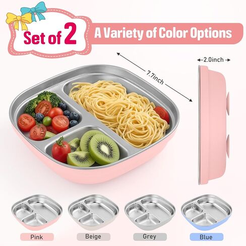 Stainless Steel Toddler Plate with Suction, Divided Deeper Baby Plates with Removable Silicone Sleeves for Kids, BPA Free| Non Toxic| Removable Base| Unbreakable Dinnerware 2 pack（Blue + Grey） in Saudi Arabia