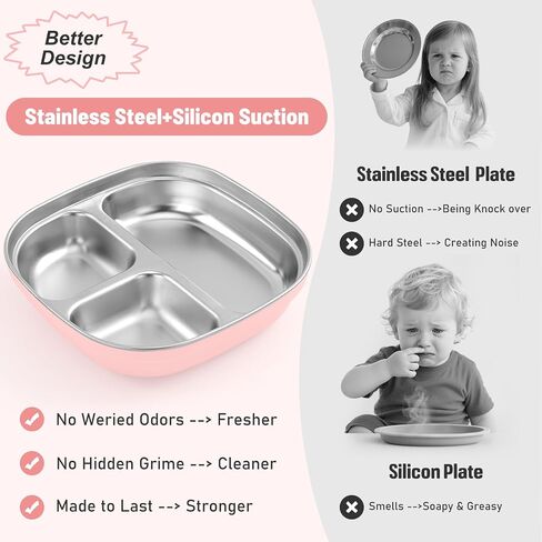 Stainless Steel Toddler Plate with Suction, Divided Deeper Baby Plates with Removable Silicone Sleeves for Kids, BPA Free| Non Toxic| Removable Base| Unbreakable Dinnerware 2 pack（Blue + Grey） in Saudi Arabia