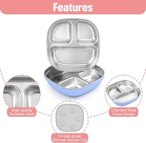 Stainless Steel Toddler Plate with Suction, Divided Deeper Baby Plates with Removable Silicone Sleeves for Kids, BPA Free| Non Toxic| Removable Base| Unbreakable Dinnerware 2 pack（Blue + Grey） in Saudi Arabia