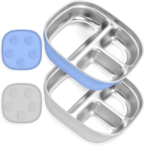 Stainless Steel Toddler Plate with Suction, Divided Deeper Baby Plates with Removable Silicone Sleeves for Kids, BPA Free| Non Toxic| Removable Base| Unbreakable Dinnerware 2 pack（Blue + Grey） in Saudi Arabia