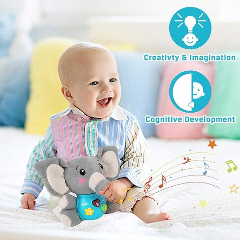 Aitbay Plush Elephant Music Music Toys من 0 إلى 6 أشهر ، والحيوان اللطيف المحشو بإضاءة ألعاب الأطفال الموسيقية المولودة للأطفال الولادة للأطفال الصغار والبنات الصغار من 6 إلى 12 شهرًا in Kuwait