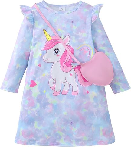 Toddler Girls Fall Dress with Bags, Ruffle Long Sleeve A-Line Leisure Time Dresses for Casual Birthdays Party 2-7Y in Saudi Arabia