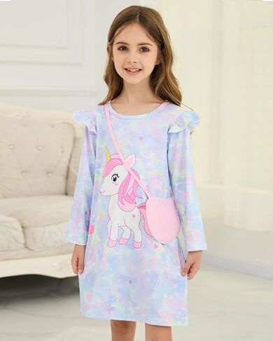 Toddler Girls Fall Dress with Bags, Ruffle Long Sleeve A-Line Leisure Time Dresses for Casual Birthdays Party 2-7Y in Saudi Arabia