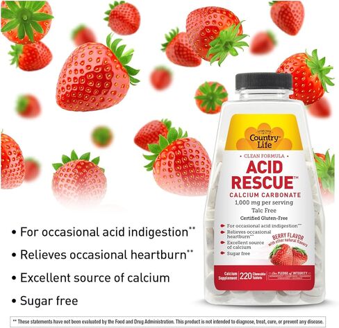Country Life Acid Rescue كربونات الكالسيوم، تركيبة نظيفة، 1000 مجم، خالي من التلك، 60 قرص بنكهة النعناع القابل للمضغ، خالي من السكر، خالي من الغلوتين المعتمد، نباتي معتمد، معتمد من أنه لا يحتوي على كائنات معدلة وراثيًا in Kuwait