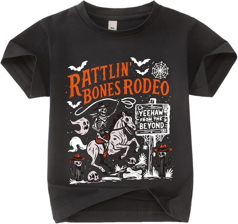 Kekemi Toddler Boys Girls Halloween Sirt Bones Rodeo T-Shirt Skeleton Cowboy Spooky Season Outfit Fall Short Sleeve Tops Tops in Kuwait