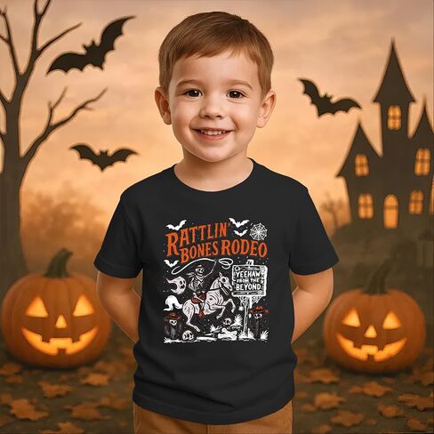 Kekemi Toddler Boys Girls Halloween Sirt Bones Rodeo T-Shirt Skeleton Cowboy Spooky Season Outfit Fall Short Sleeve Tops Tops in Kuwait