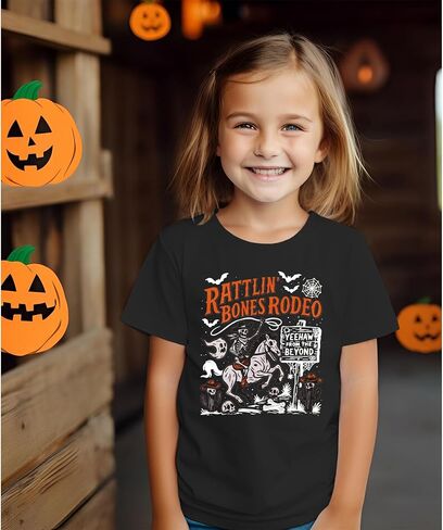 Kekemi Toddler Boys Girls Halloween Sirt Bones Rodeo T-Shirt Skeleton Cowboy Spooky Season Outfit Fall Short Sleeve Tops Tops in Kuwait