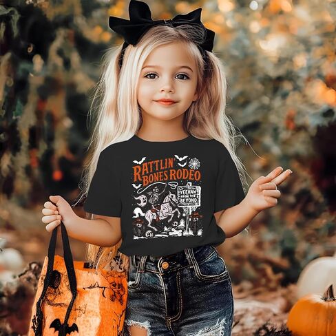 Kekemi Toddler Boys Girls Halloween Sirt Bones Rodeo T-Shirt Skeleton Cowboy Spooky Season Outfit Fall Short Sleeve Tops Tops in Kuwait